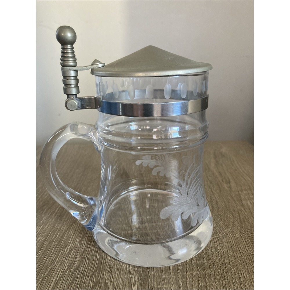 Vintage Glass Beer Stein Etched Forest With Deer Pewter Lid